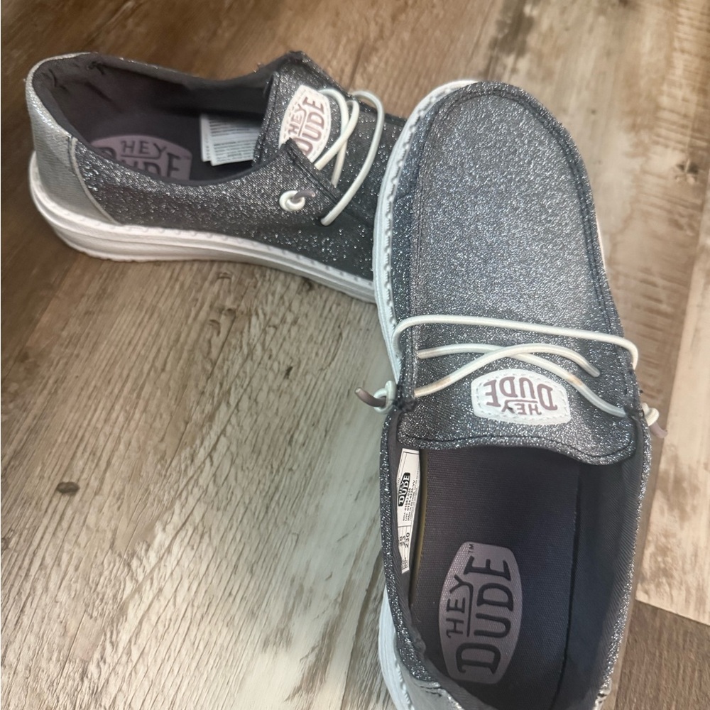 Women’s size 7 silver glitter hey dudes